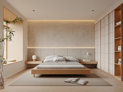 Modern Bedroom With Wooden Bed Beige Wall Bedhead Light Strips Shoji Doors And Potted Plant 3d model