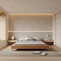 Modern Bedroom With Wooden Bed Beige Wall Bedhead Light Strips Shoji Doors And Potted Plant