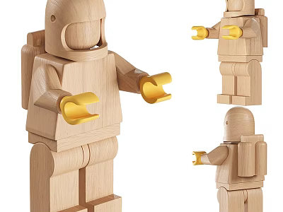Wooden Astronaut Doll With Yellow Hands And Movable Joints Shown In Multiple Angles 3d model