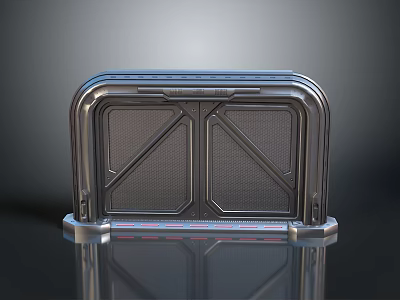 Futuristic Metallic Gate Design With Double Panel Grid Pattern And Red Blue LED Strip Lights 3d model