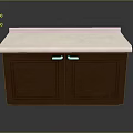 Modern Two Door Brown Kitchen Cabinet With White Countertop And Silver Handles