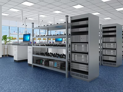 Laboratory Interior With Metal Shelves Computers Books Natural Light And Blue Flooring 3d model
