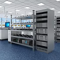 Laboratory Interior With Metal Shelves Computers Books Natural Light And Blue Flooring