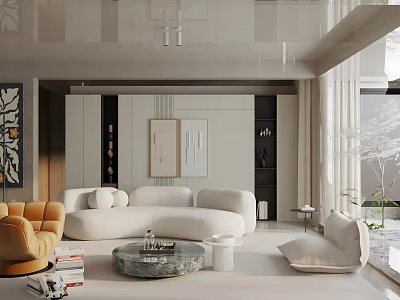 Modern Living Room Interior With White Curved Sofa Orange Chair And Marble Coffee Table 3d model