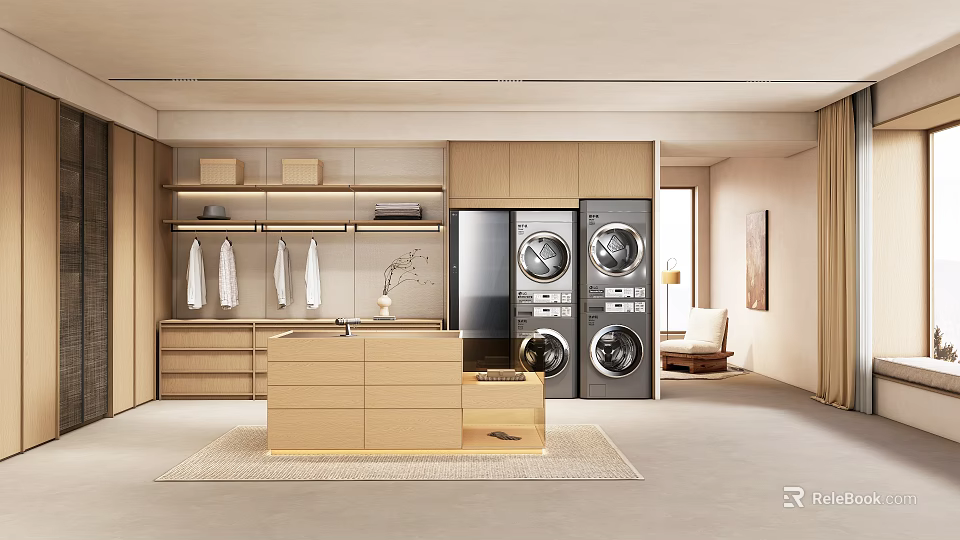 Modern Walk-in Closet Interior With Wooden Cabinets Hanging Area And Storage Drawers 3d model 