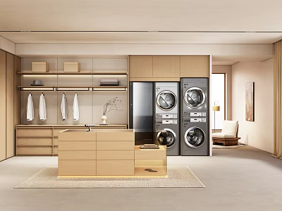Modern Walk-in Closet Interior With Wooden Cabinets Hanging Area And Storage Drawers 3d model