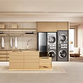 Modern Walk-in Closet Interior With Wooden Cabinets Hanging Area And Storage Drawers