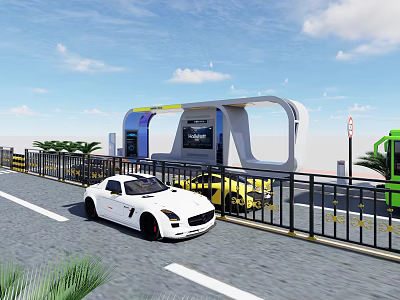 Modern Bus Station Design With White Sports Car Yellow Car Green Bus Display Screen Railings 3d model