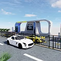Modern Bus Station Design With White Sports Car Yellow Car Green Bus Display Screen Railings
