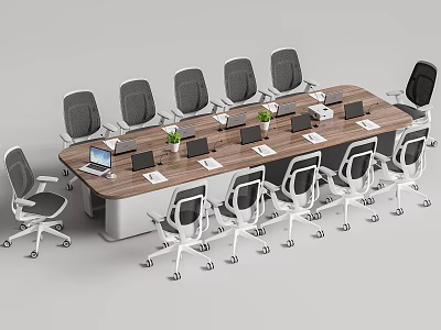 Modern Office Conference Table With Wooden Top Rolling Office Chairs Laptops Notebooks And Small Plants 3d model