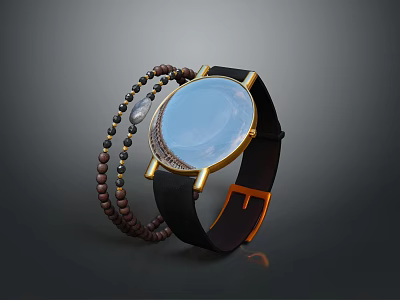 Fashionable Leather Strap Watch With Blue Dial And Beaded Bracelets Accessories 3d model