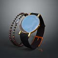 Fashionable Leather Strap Watch With Blue Dial And Beaded Bracelets Accessories