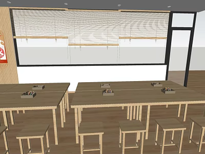 Wooden Dining Table And Chair Set With Long Tables And Matching Stools In Dining Area 3d model