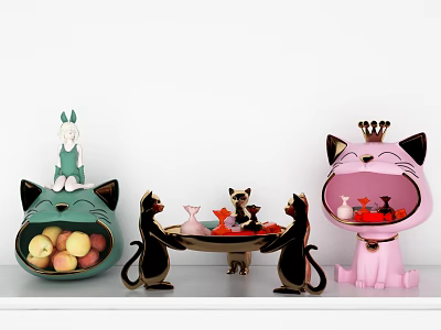 Decorative Ornament Set with Cat Shaped Figurines Rabbit Design Fruit Tray Pink Green Black Accents 3d model