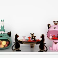 Decorative Ornament Set with Cat Shaped Figurines Rabbit Design Fruit Tray Pink Green Black Accents