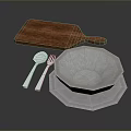 Essential Kitchen Utensils Set with Wooden Cutting Board Spoon Fork and White Bowls Plates