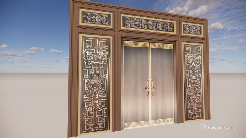 Traditional Chinese Carved Wooden Double Doors With Intricate Patterns And Golden Accents 3d model 