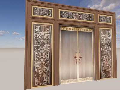 Traditional Chinese Carved Wooden Double Doors With Intricate Patterns And Golden Accents 3d model