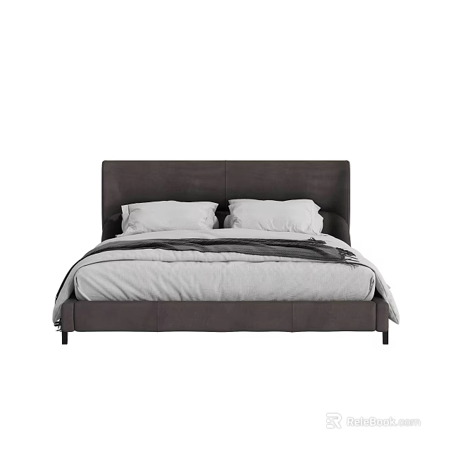 Modern Upholstered Double Bed With Dark Headboard Gray Bedspread And White Pillows 3d model