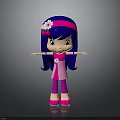 Cartoon Girl With Blue Hair Pink Headband White Flower Pink Dress Open Arms