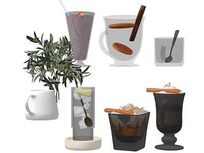 Various Hot and Cold Drinks with Cinnamon Stick Lemon Slice Ice Cubes and Decorative Plant 3d model