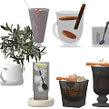 Various Hot and Cold Drinks with Cinnamon Stick Lemon Slice Ice Cubes and Decorative Plant