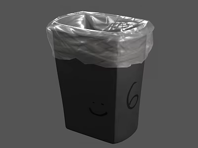 Black Trash Can With Plastic Bag Liner Smiley Face And Number Six 3d model