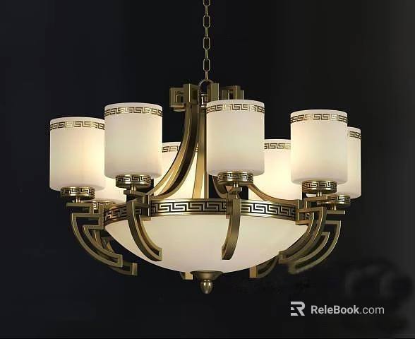 Classical Brass Chandelier With Multiple White Lampshades And Intricate Geometric Frame 3d model 