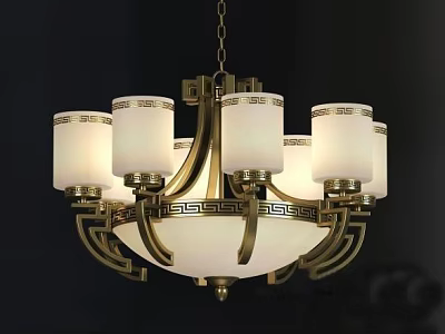 Classical Brass Chandelier With Multiple White Lampshades And Intricate Geometric Frame 3d model