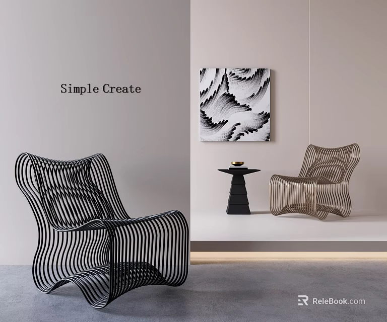 Two Modern Leisure Chairs With Striped Design And Abstract Wall Art In Interior 3d model 