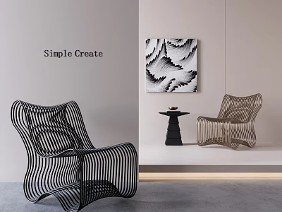 Two Modern Leisure Chairs With Striped Design And Abstract Wall Art In Interior 3d model