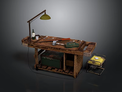 Vintage Wooden Workbench Setup With Table Lamp Tools Storage Box And Metal Toolbox 3d model