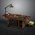 Vintage Wooden Workbench Setup With Table Lamp Tools Storage Box And Metal Toolbox