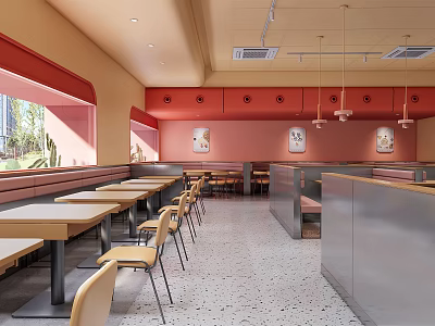 Orange Walled Red Accented Restaurant Interior With Long Tables Yellow Chairs And Metal Counter 3d model