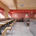 Orange Walled Red Accented Restaurant Interior With Long Tables Yellow Chairs And Metal Counter