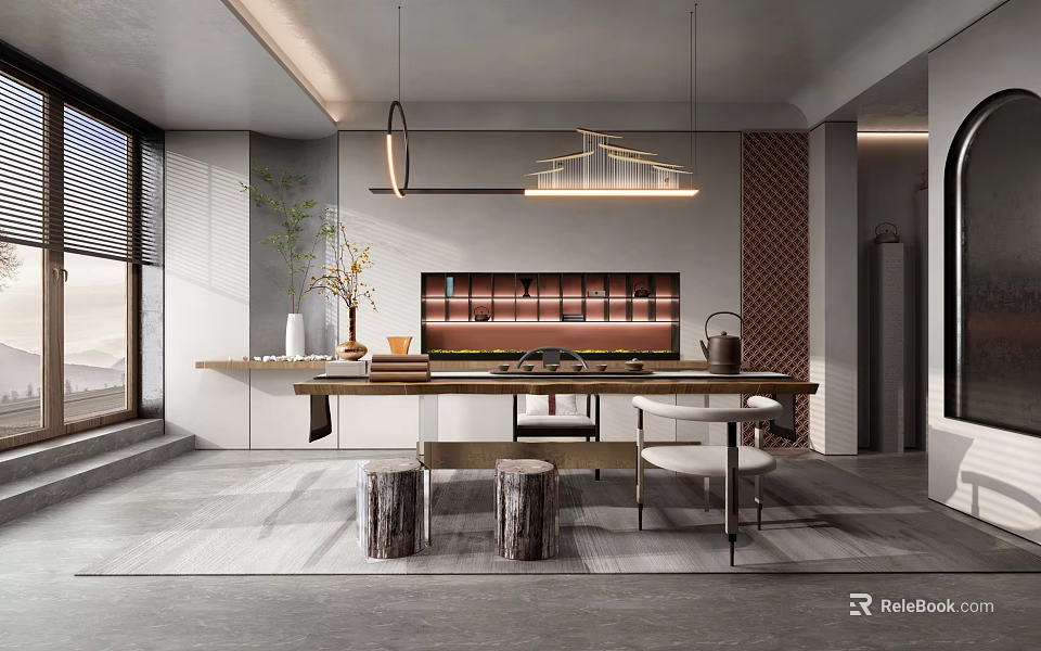 Modern Tea Room Interior With Wooden Tables Chairs Tea Sets And Pendant Lights 3d model 