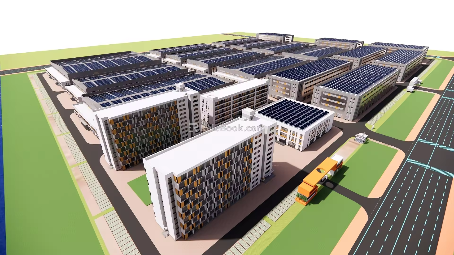 Modern multi-storey factory building solar factory building industrial park 3d model