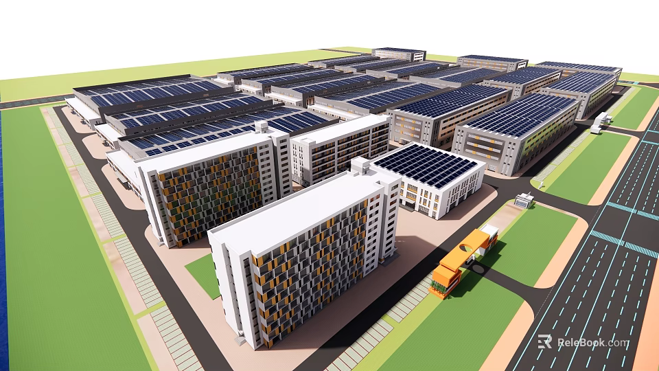 Industrial Factory Complex With Rooftop Solar Panels And Multiple Logistics Buildings 3d model 