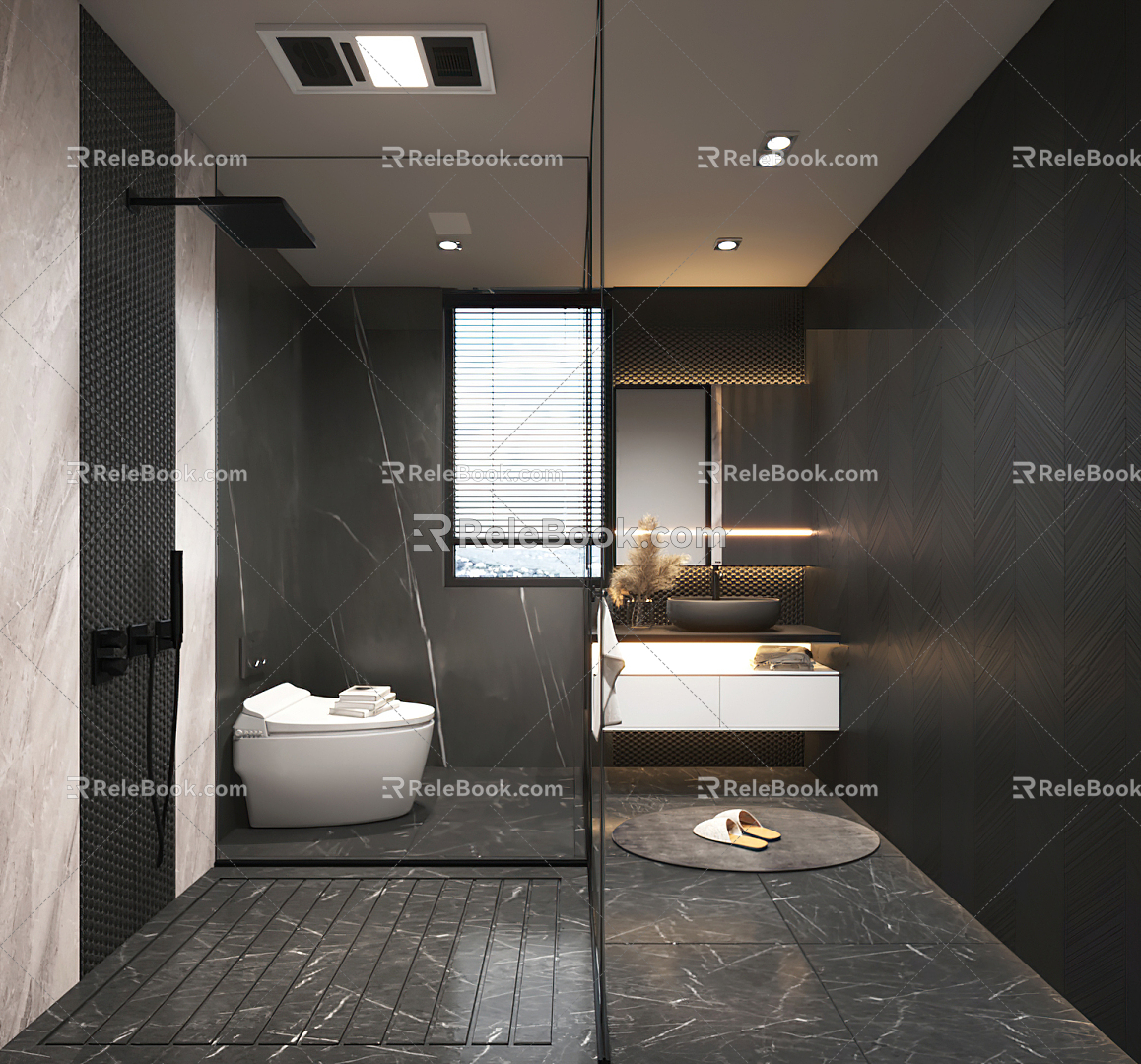 Modern Bathroom Bathtub Shower Room Wash Desk Bath Heg Black and White Grey Main Bathroom 3d model