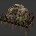 Elevated Wooden Log Cabin Structure With Deck Railing Sloped Roof And Lit Windows