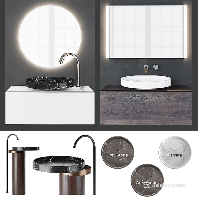 Modern Washbasin Design With Marble Countertop Wooden Cabinet Round Mirror And Stone Basin 3d model 