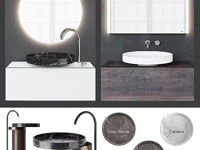 Modern Washbasin Design With Marble Countertop Wooden Cabinet Round Mirror And Stone Basin 3d model