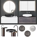 Modern Washbasin Design With Marble Countertop Wooden Cabinet Round Mirror And Stone Basin