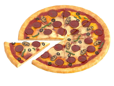 Freshly Baked Pepperoni Pizza Topped With Mushrooms Olives And Missing Slice 3d model