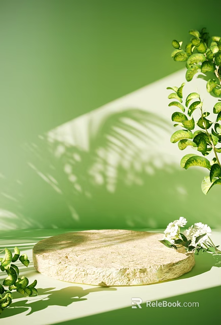 E-commerce Display Stand On Green Background With Green Plant Leaves White Flowers And Leaf Shadows 3d model 