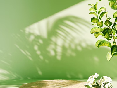 E-commerce Display Stand On Green Background With Green Plant Leaves White Flowers And Leaf Shadows 3d model