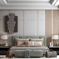 Modern Bedroom Interior With Light Green Headboard Pillows Nightstands Lamps And Textured Wall Art