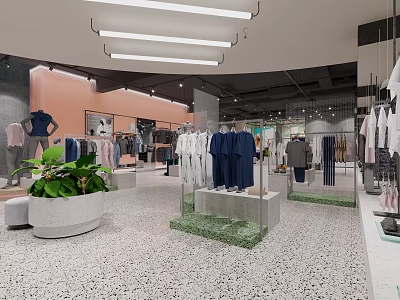 Modern Clothing Store Interior with Blue and White Apparel Racks Mannequins Green Plants and Mirrors 3d model