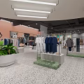 Modern Clothing Store Interior with Blue and White Apparel Racks Mannequins Green Plants and Mirrors