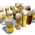 Various Beer Glasses And Bottles With Foam Different Beer Colors And Brand Labels